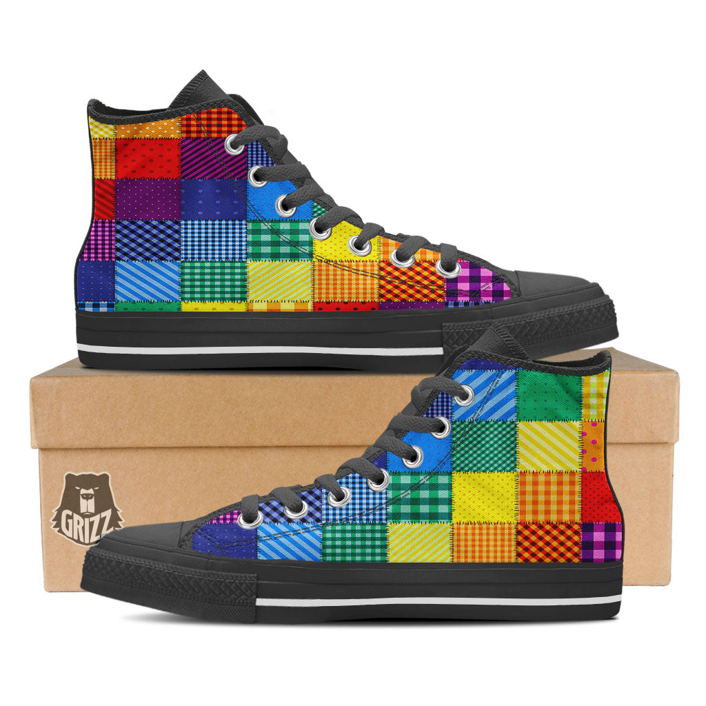 Patchwork Rainbow Print Pattern Black High Top Shoes-grizzshop