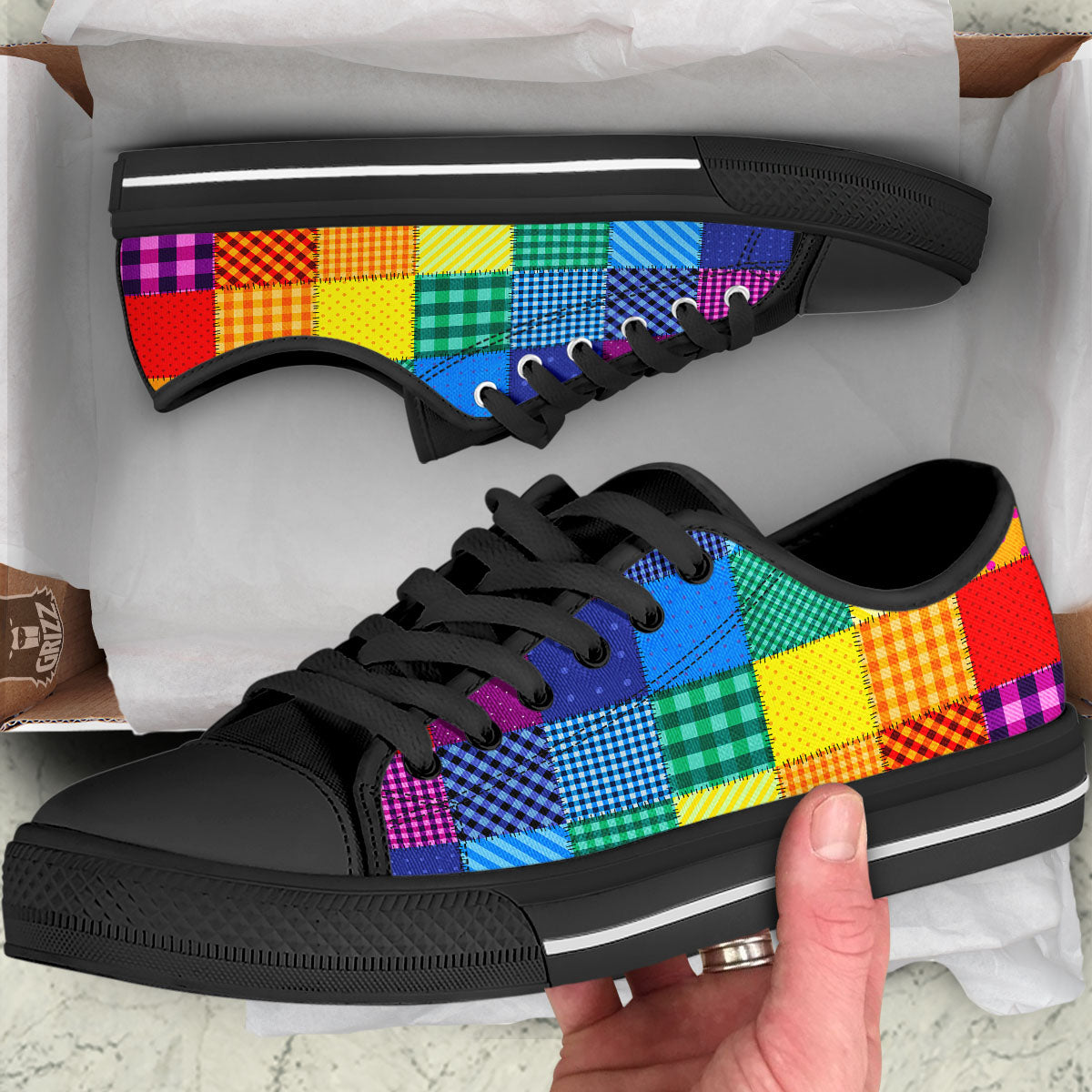 Patchwork Rainbow Print Pattern Black Low Top Shoes-grizzshop