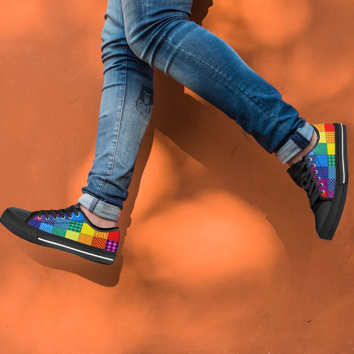 Patchwork Rainbow Print Pattern Black Low Top Shoes-grizzshop