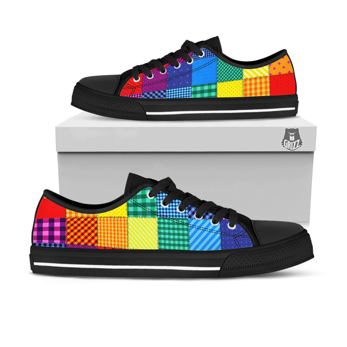Patchwork Rainbow Print Pattern Black Low Top Shoes-grizzshop