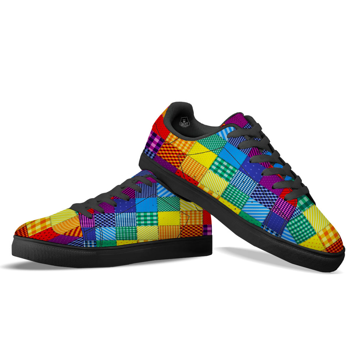 Patchwork Rainbow Print Pattern Black Low Top Sneakers-grizzshop
