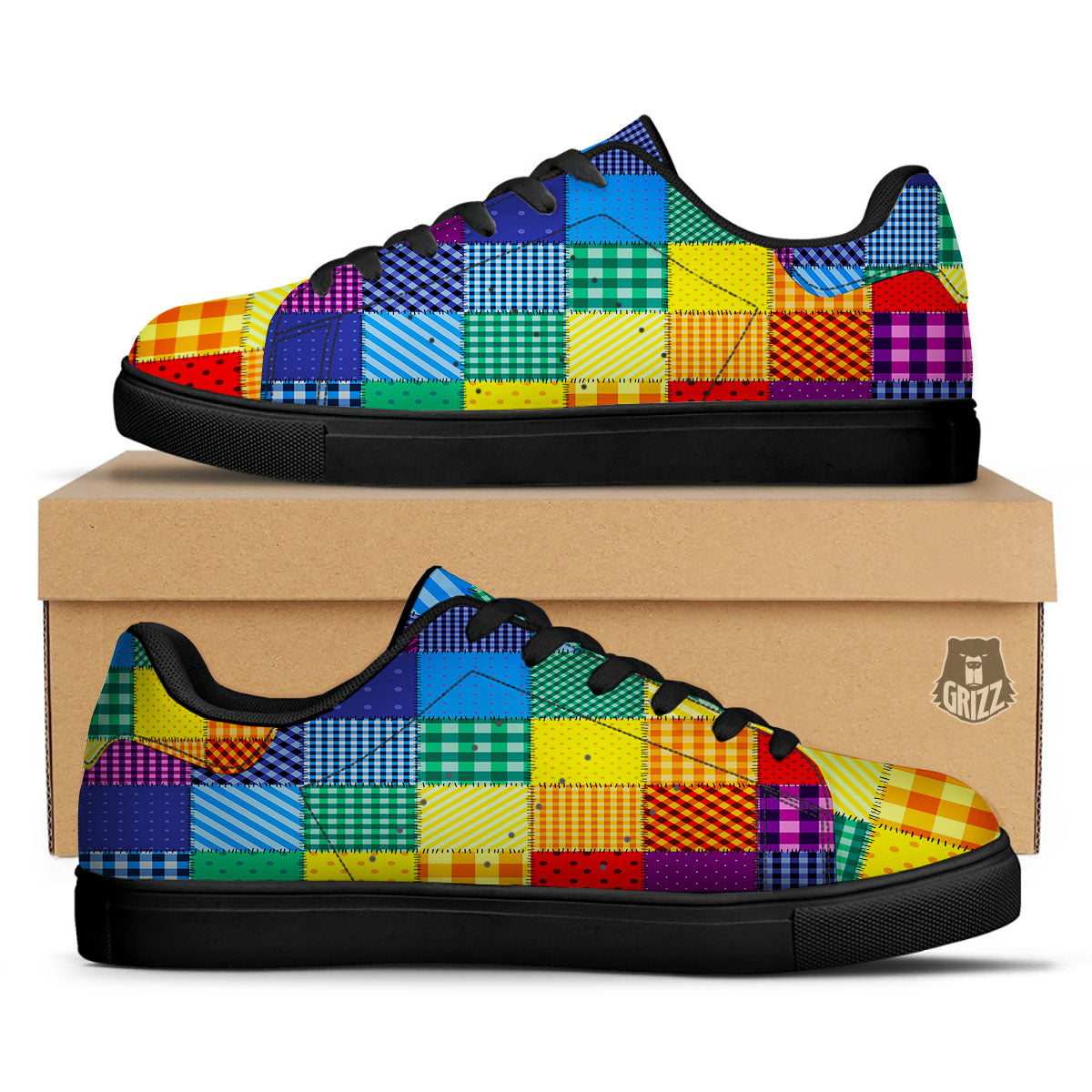 Patchwork Rainbow Print Pattern Black Low Top Sneakers-grizzshop