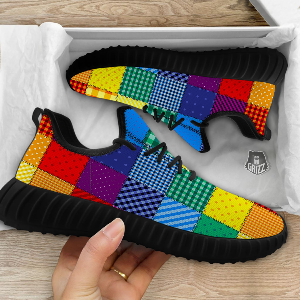Patchwork Rainbow Print Pattern Black Walking Shoes-grizzshop