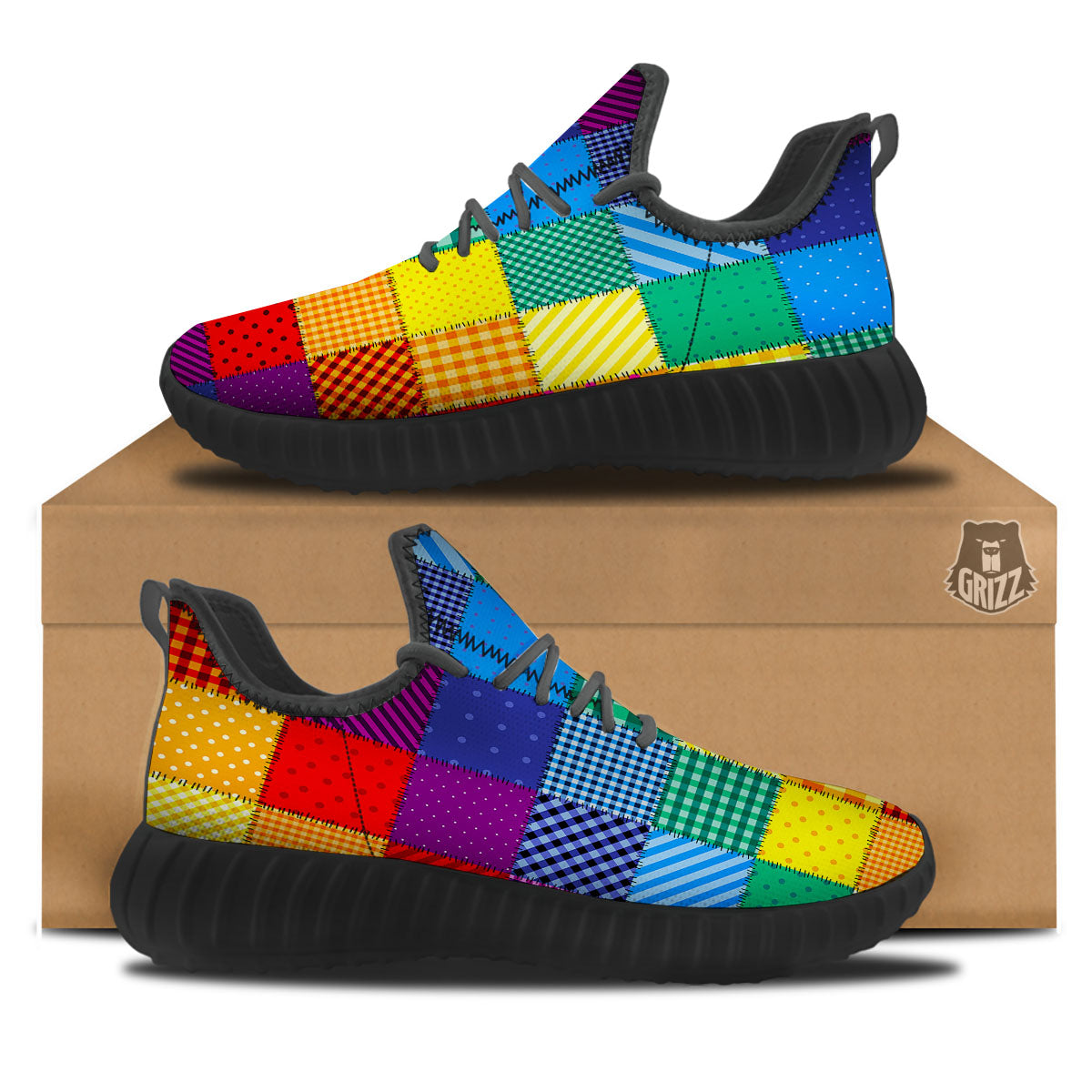 Patchwork Rainbow Print Pattern Black Walking Shoes-grizzshop