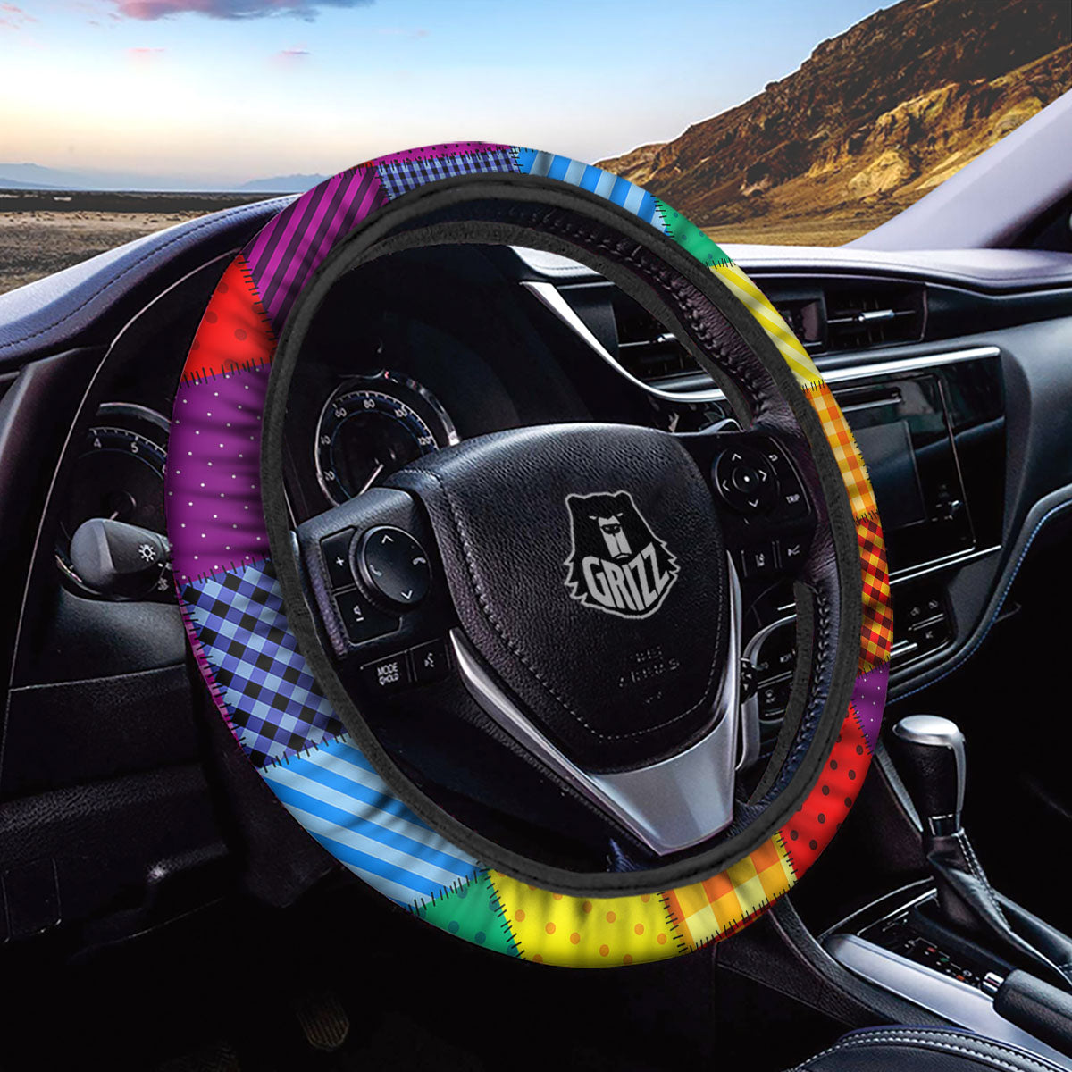 Patchwork Rainbow Print Pattern Car Steering Wheel Cover-grizzshop