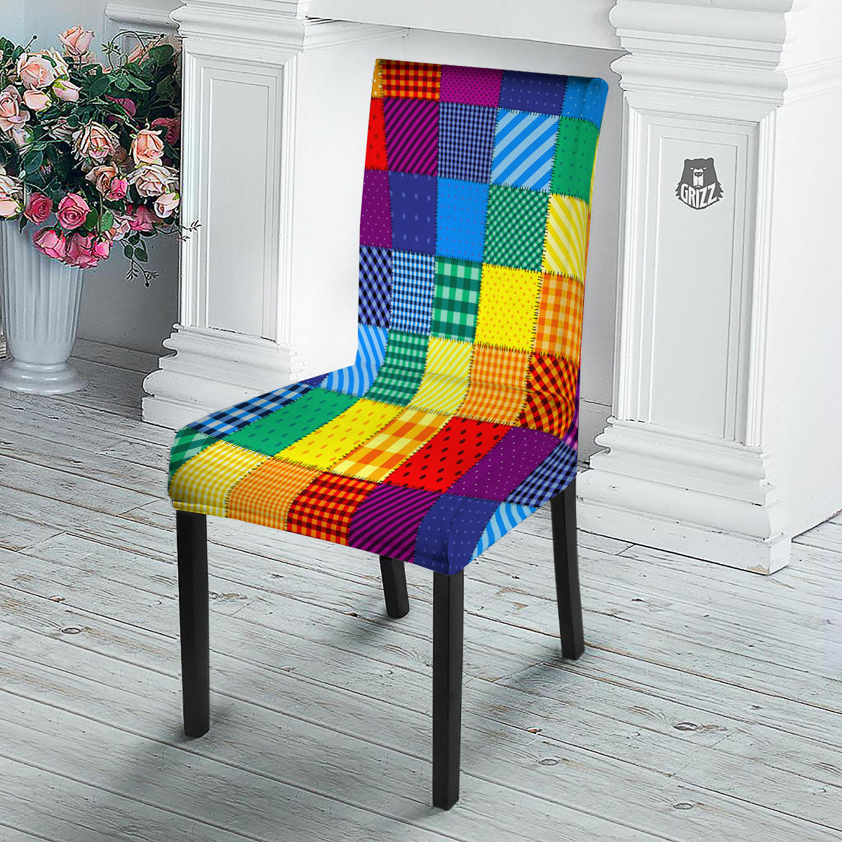 Patchwork Rainbow Print Pattern Dining Chair Slipcover-grizzshop