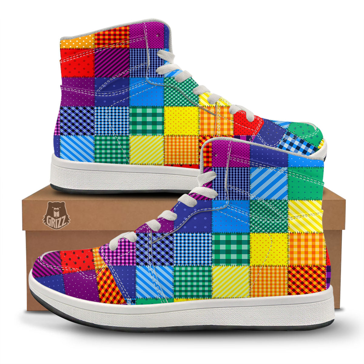 Patchwork Rainbow Print Pattern High Top Sneakers-grizzshop