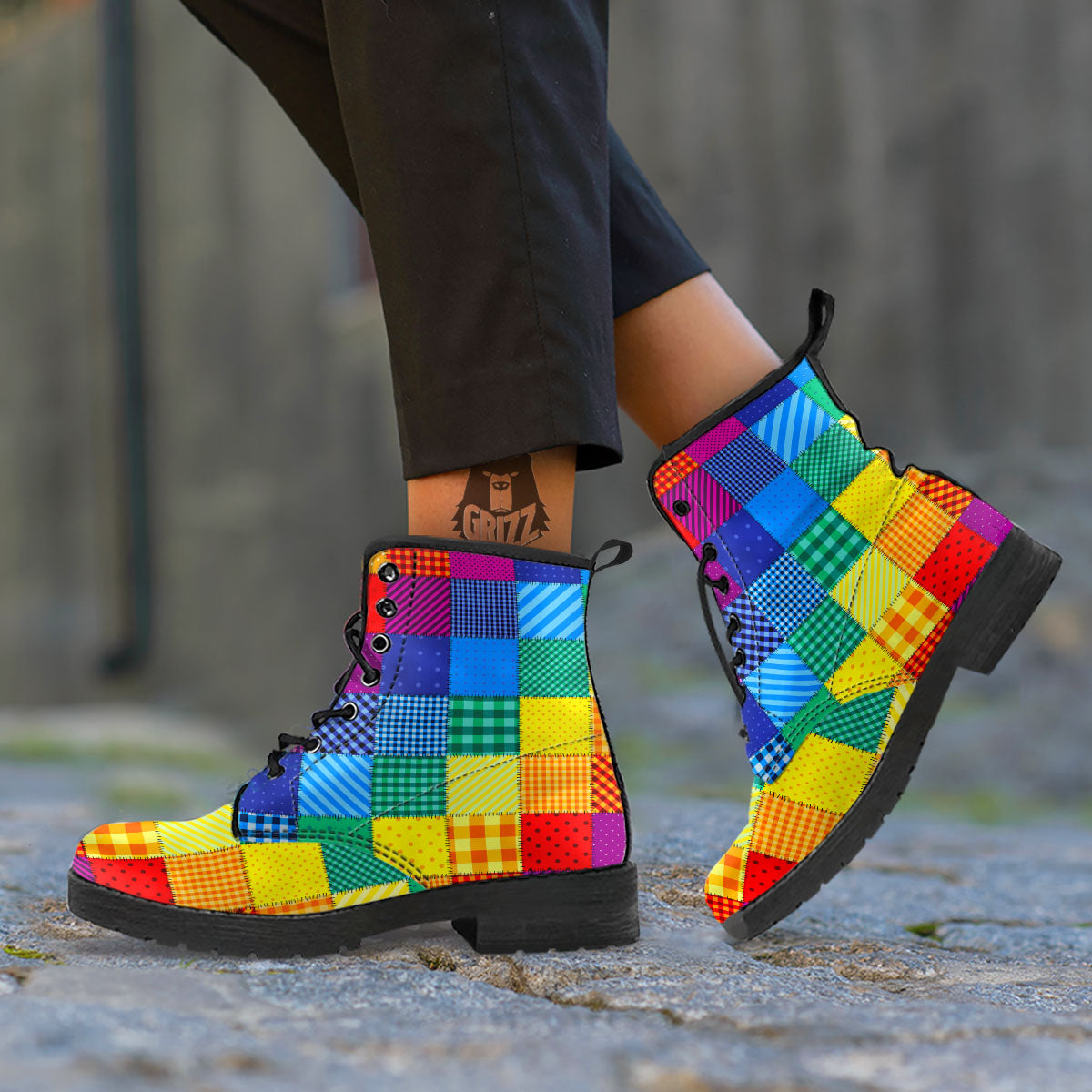 Patchwork Rainbow Print Pattern Leather Boots-grizzshop