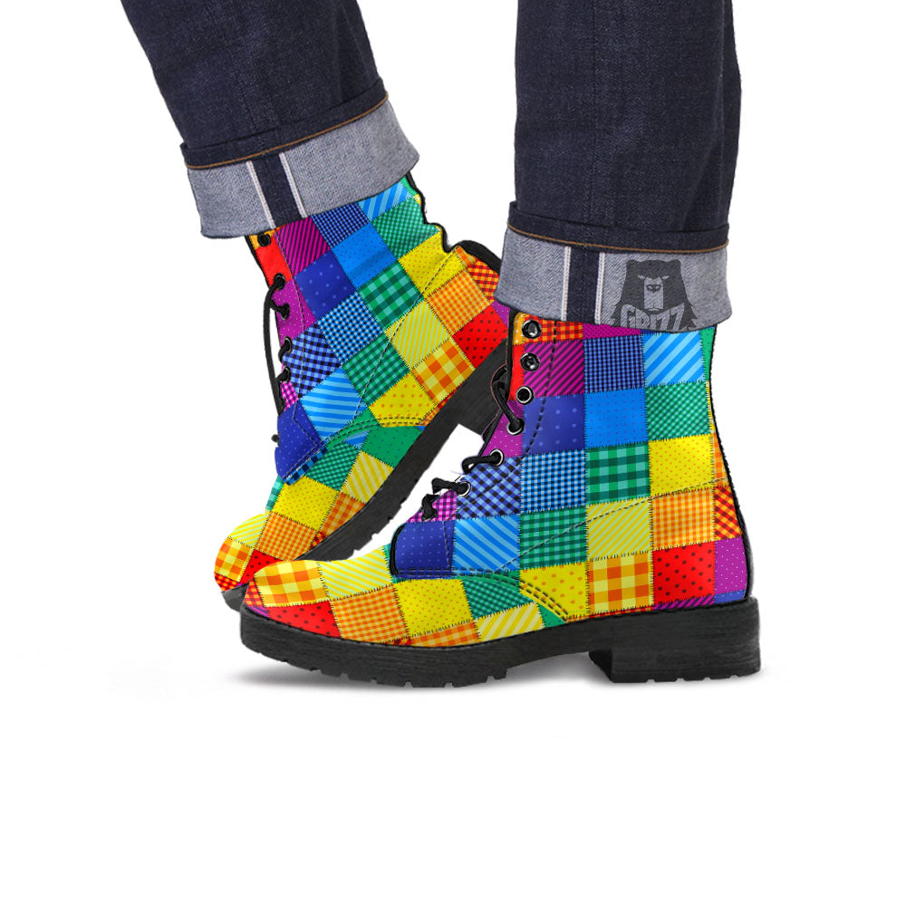 Patchwork Rainbow Print Pattern Leather Boots-grizzshop
