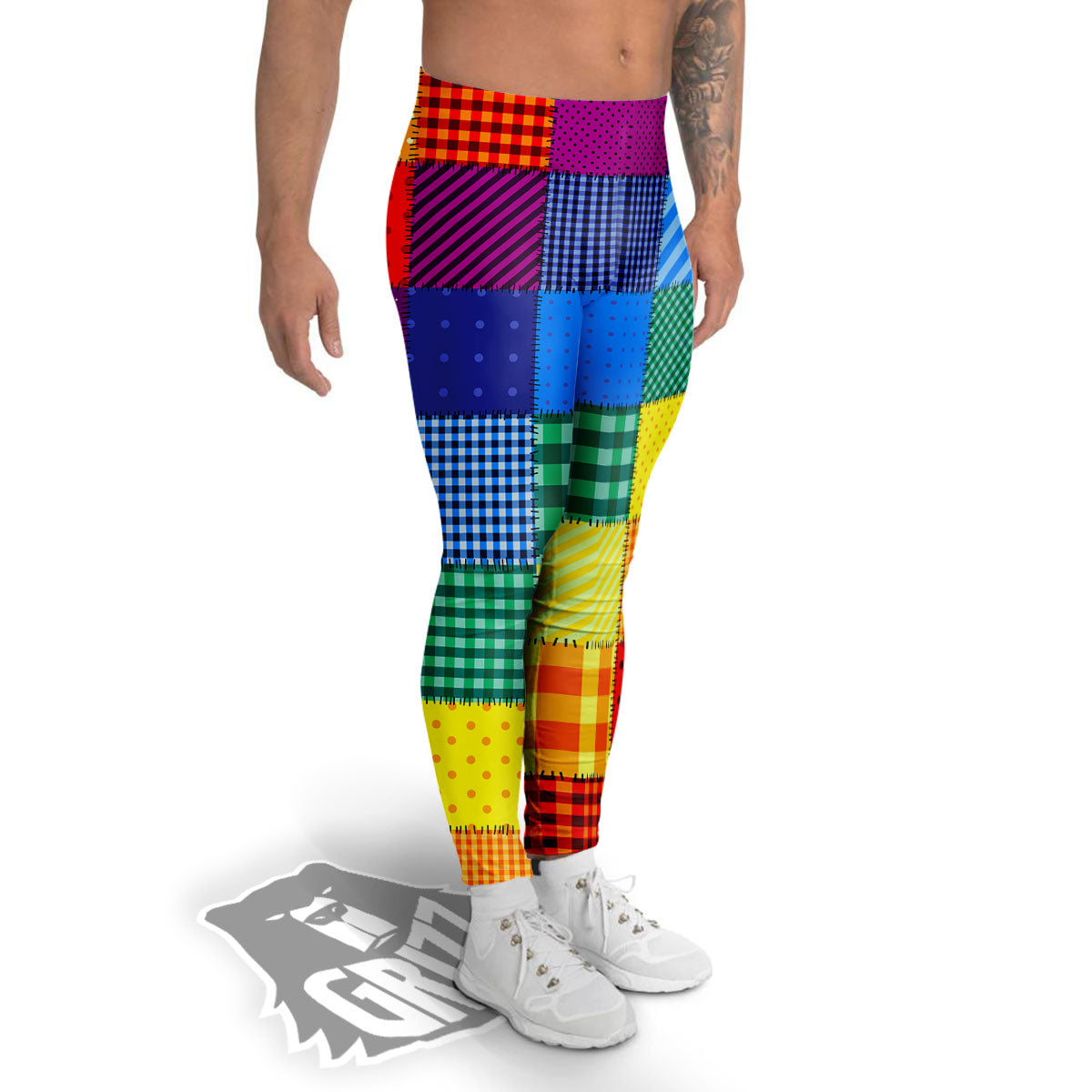 Patchwork Rainbow Print Pattern Men's Leggings-grizzshop