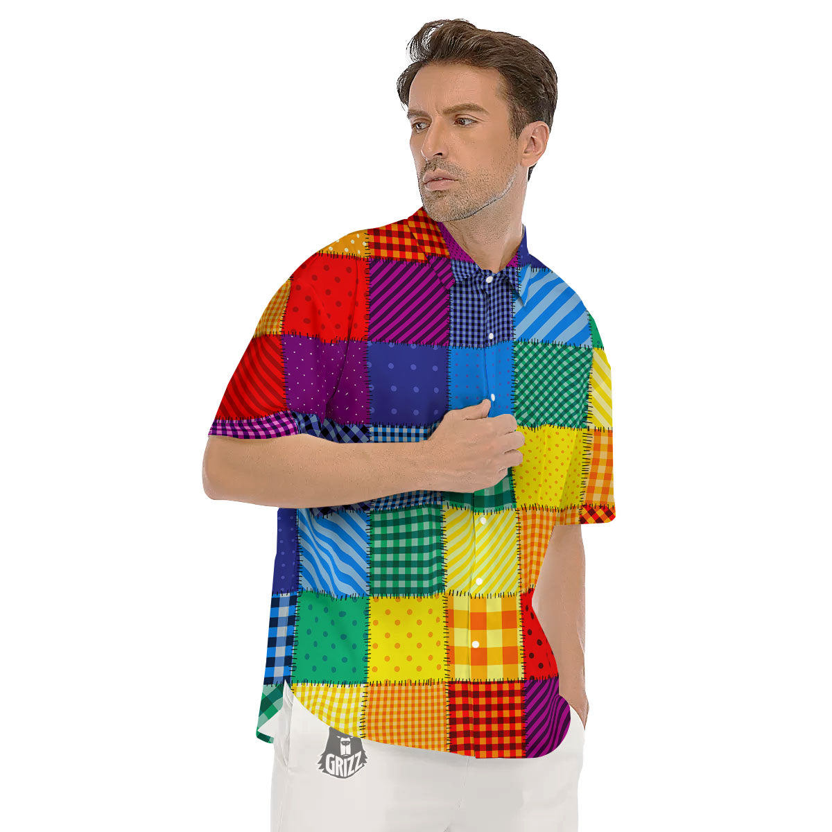 Patchwork Rainbow Print Pattern Men's Short Sleeve Shirts-grizzshop