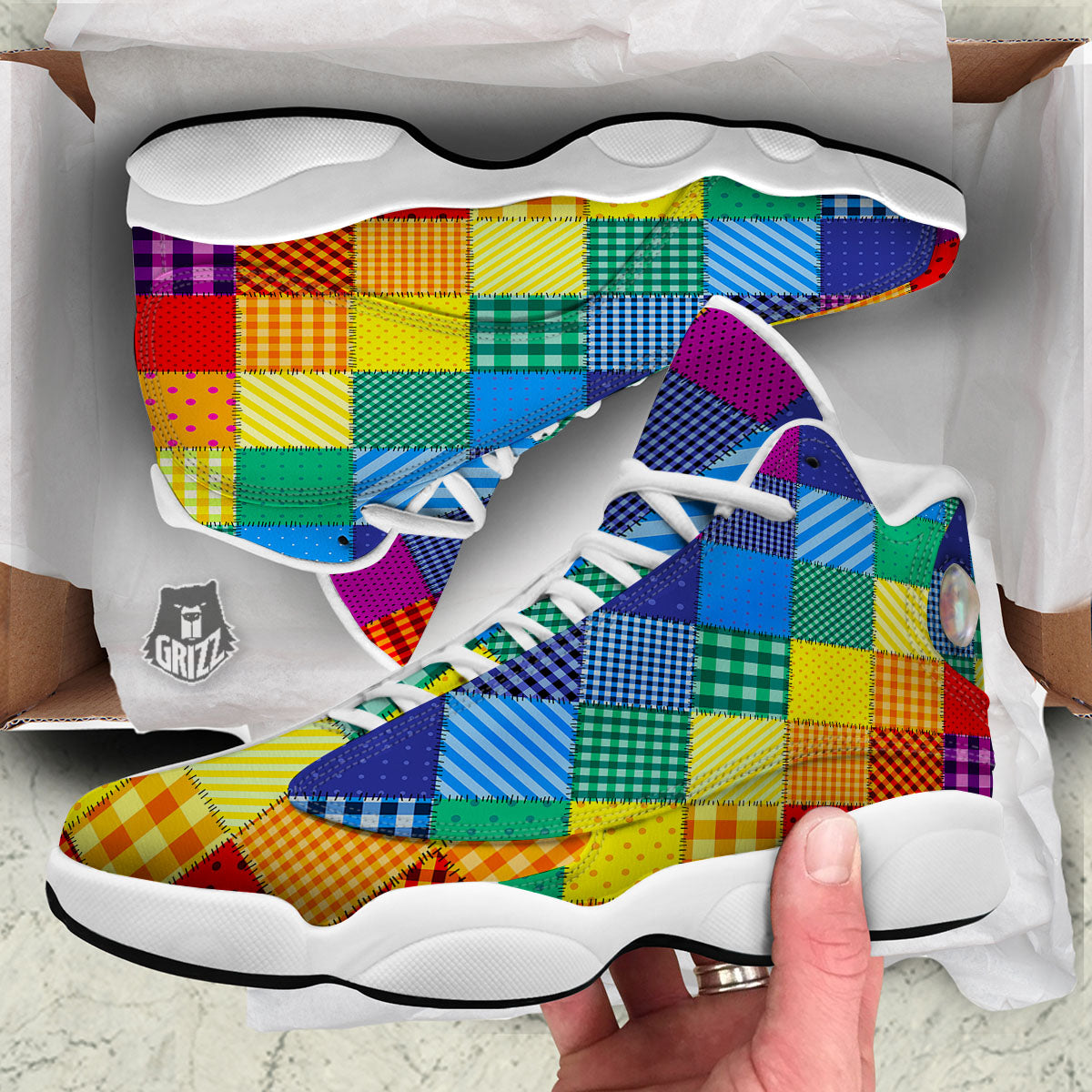 Patchwork Rainbow Print Pattern White Basketball Shoes-grizzshop