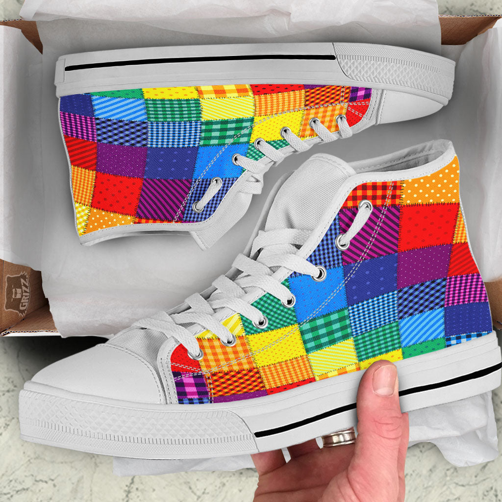 Patchwork Rainbow Print Pattern White High Top Shoes-grizzshop