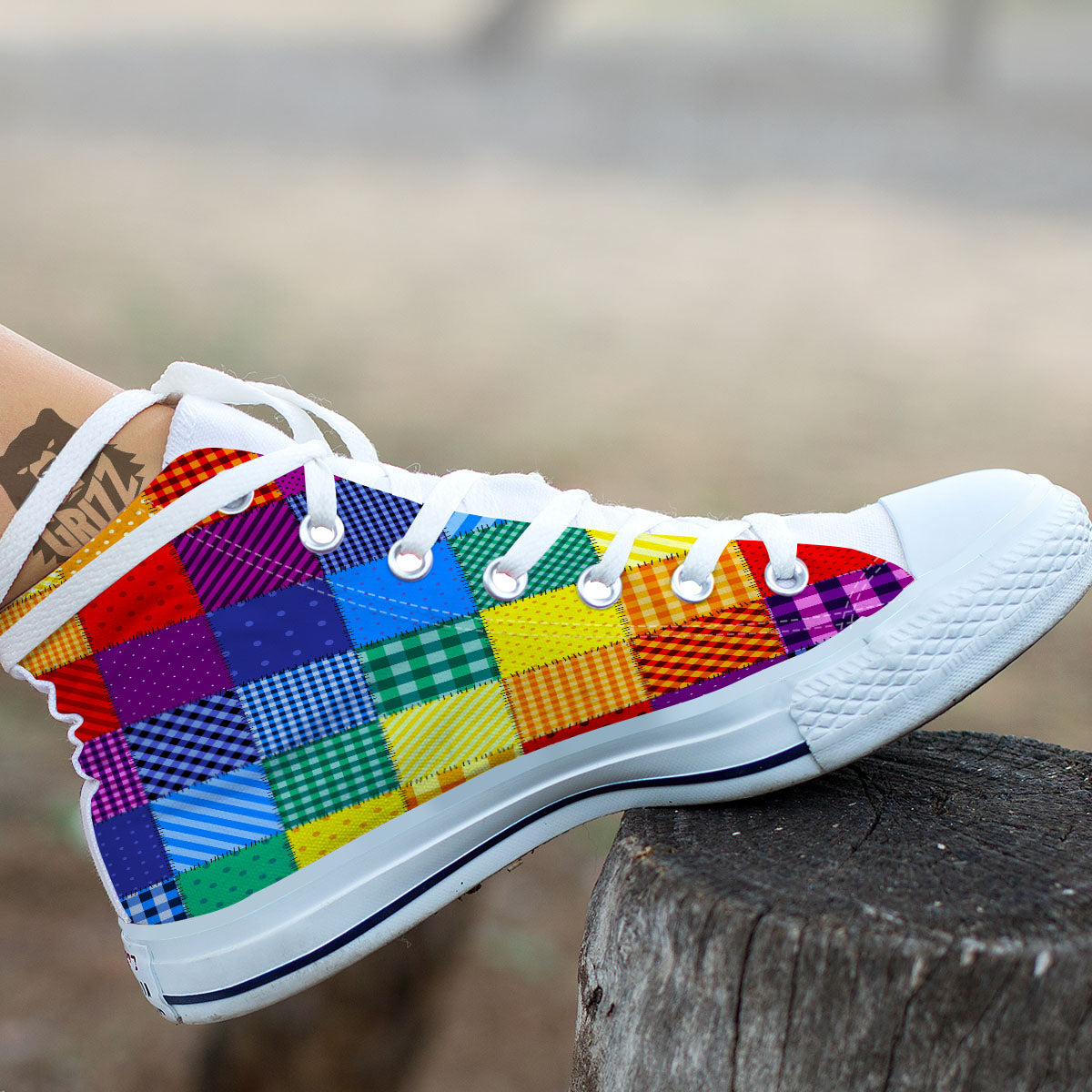 Patchwork Rainbow Print Pattern White High Top Shoes-grizzshop
