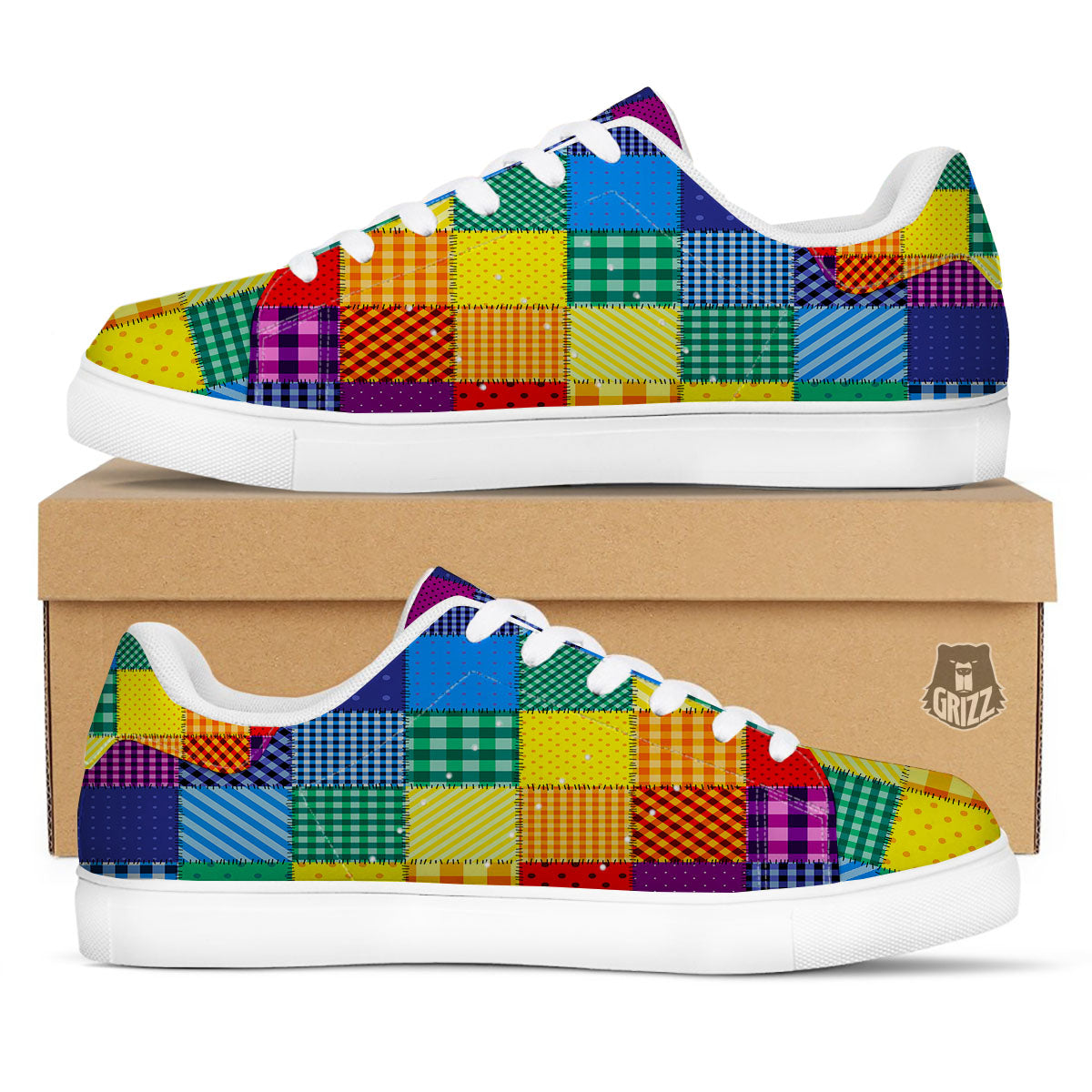Patchwork Rainbow Print Pattern White Low Top Sneakers-grizzshop