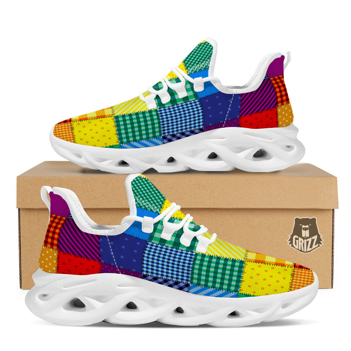 Patchwork Rainbow Print Pattern White Running Shoes-grizzshop