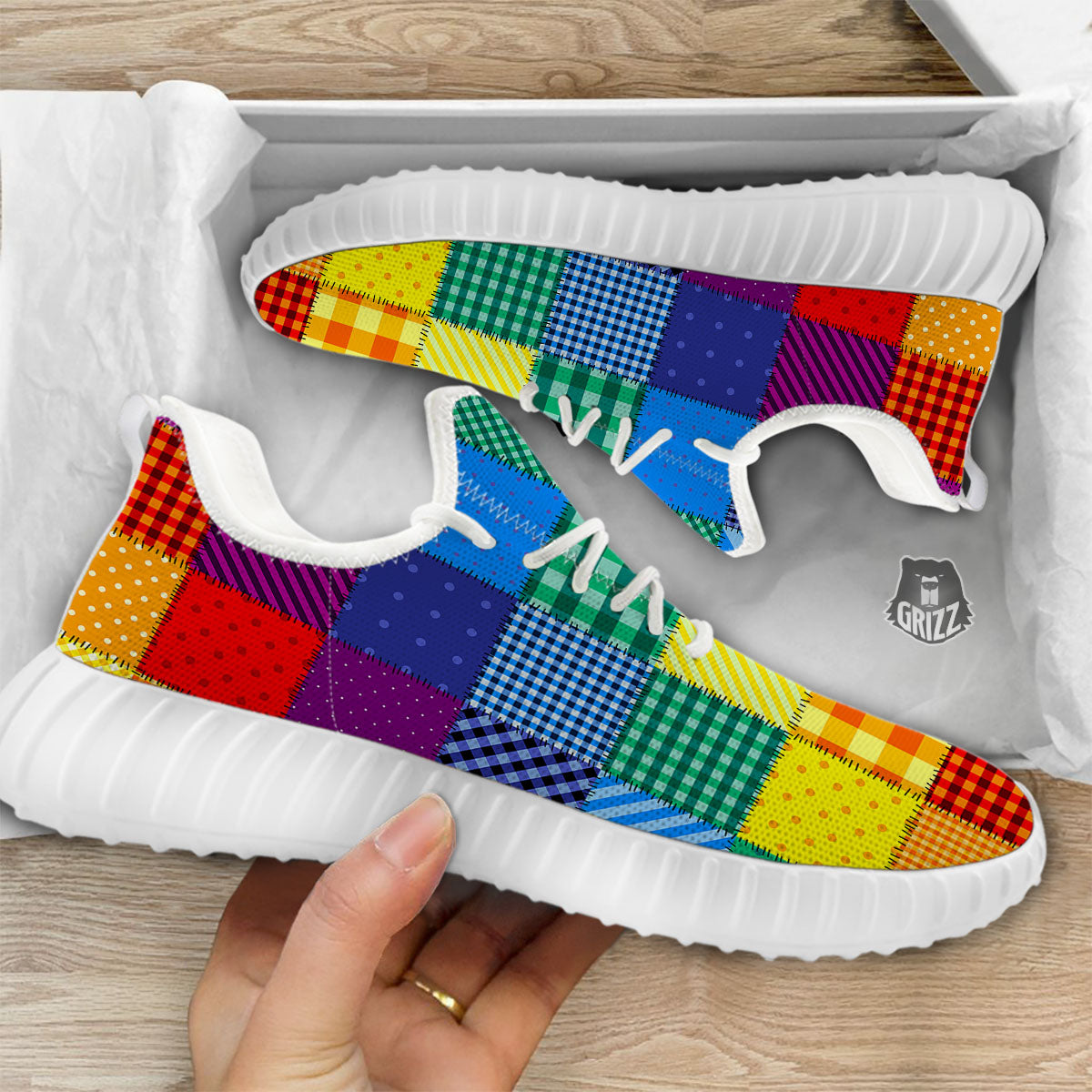 Patchwork Rainbow Print Pattern White Walking Shoes-grizzshop