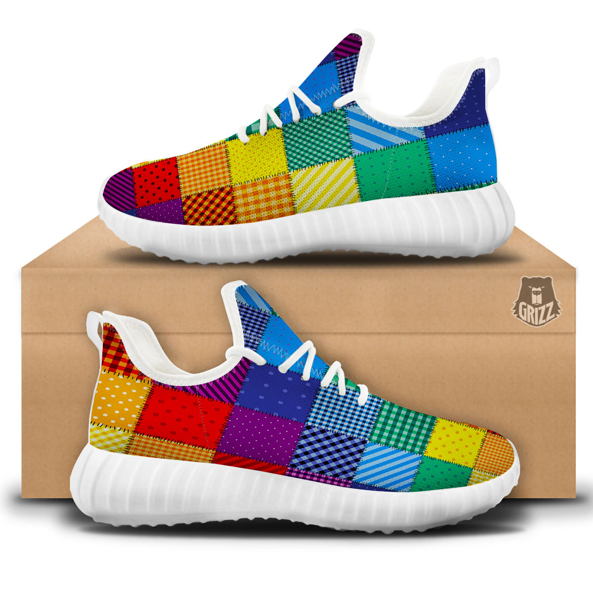 Patchwork Rainbow Print Pattern White Walking Shoes-grizzshop