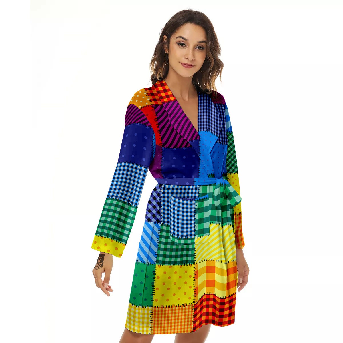 Patchwork Rainbow Print Pattern Women's Robe-grizzshop