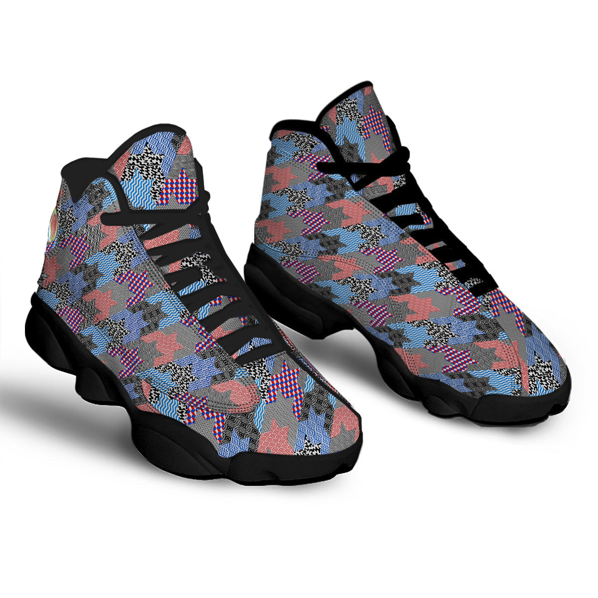 Patchwork Style And Classic Houndstooth Print Pattern Black Basketball Shoes-grizzshop