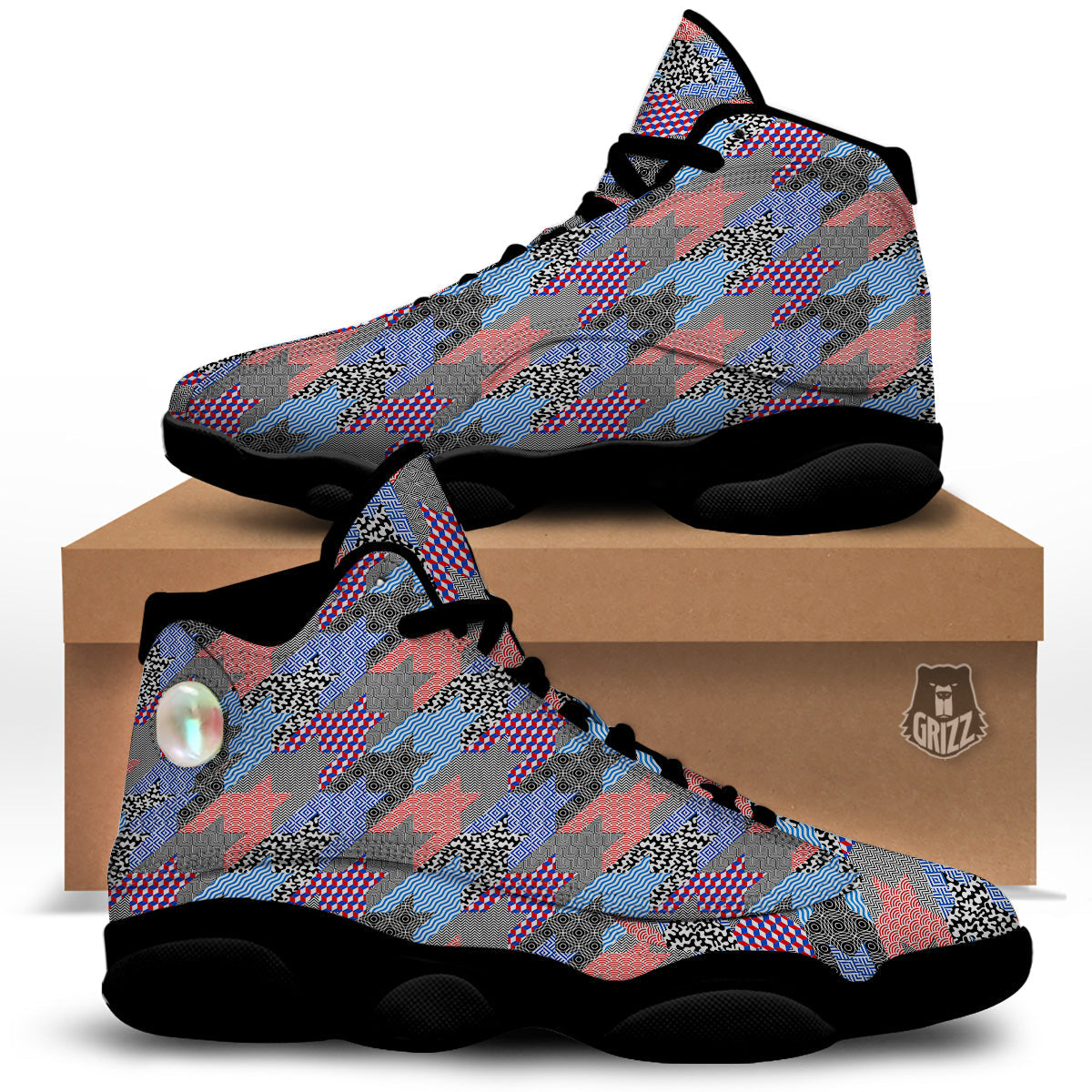 Patchwork Style And Classic Houndstooth Print Pattern Black Basketball Shoes-grizzshop