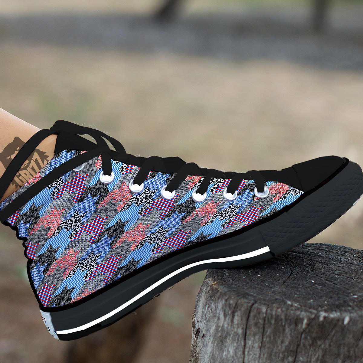 Patchwork Style And Classic Houndstooth Print Pattern Black High Top Shoes-grizzshop