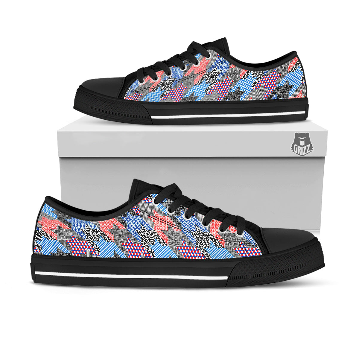 Patchwork Style And Classic Houndstooth Print Pattern Black Low Top Shoes-grizzshop