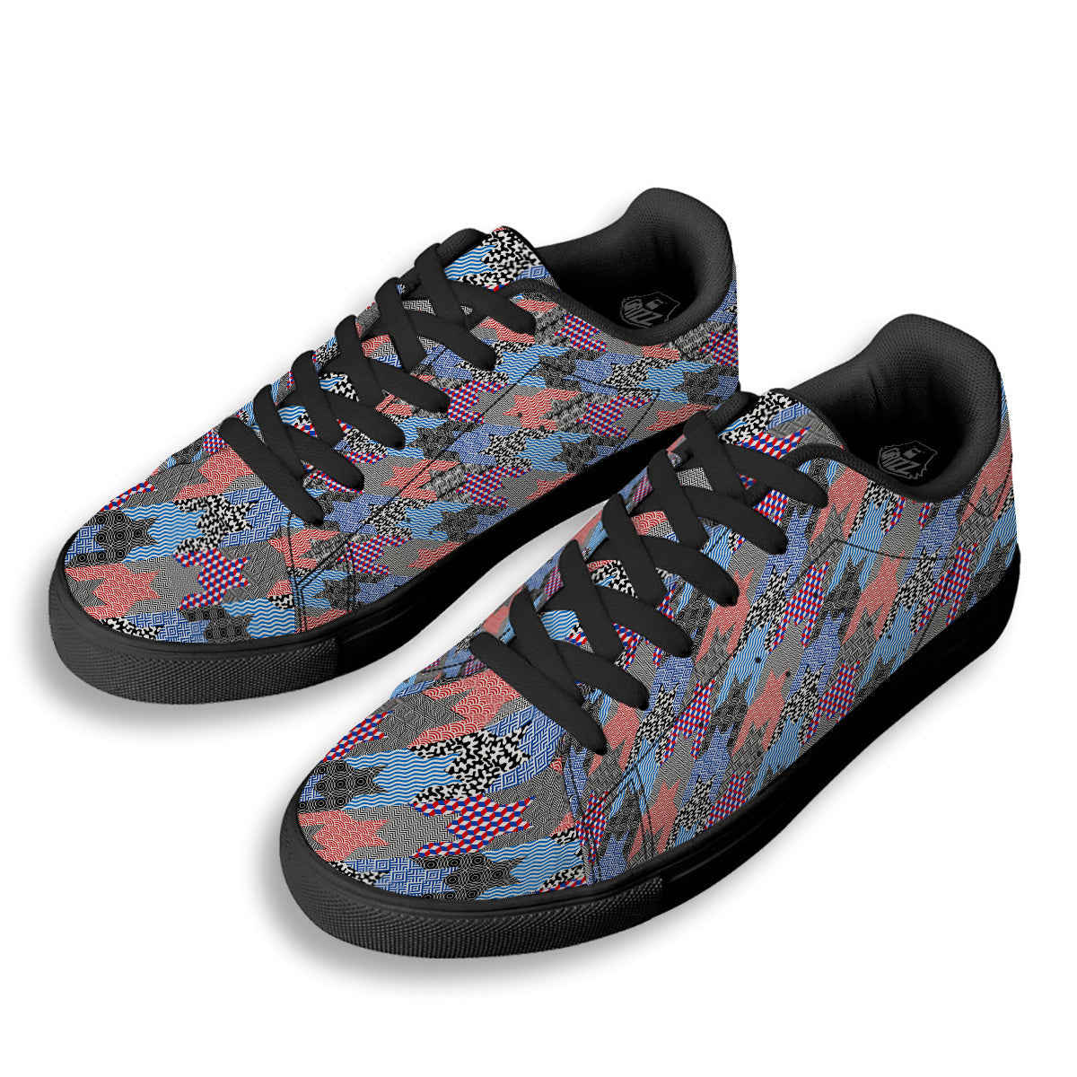 Patchwork Style And Classic Houndstooth Print Pattern Black Low Top Sneakers-grizzshop