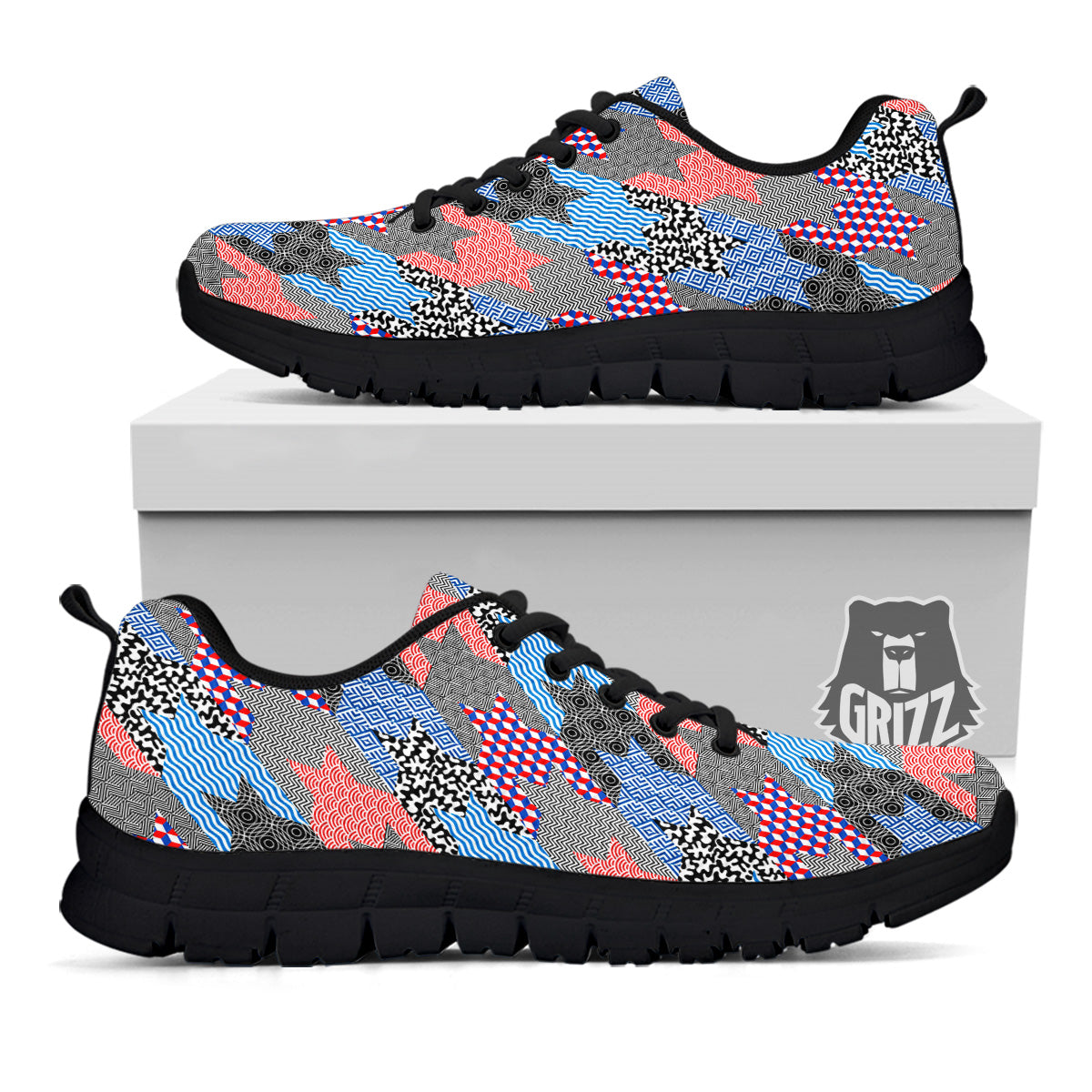 Patchwork Style And Classic Houndstooth Print Pattern Black Sneaker-grizzshop