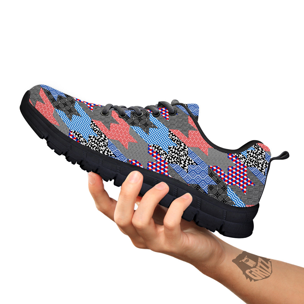 Patchwork Style And Classic Houndstooth Print Pattern Black Sneaker-grizzshop