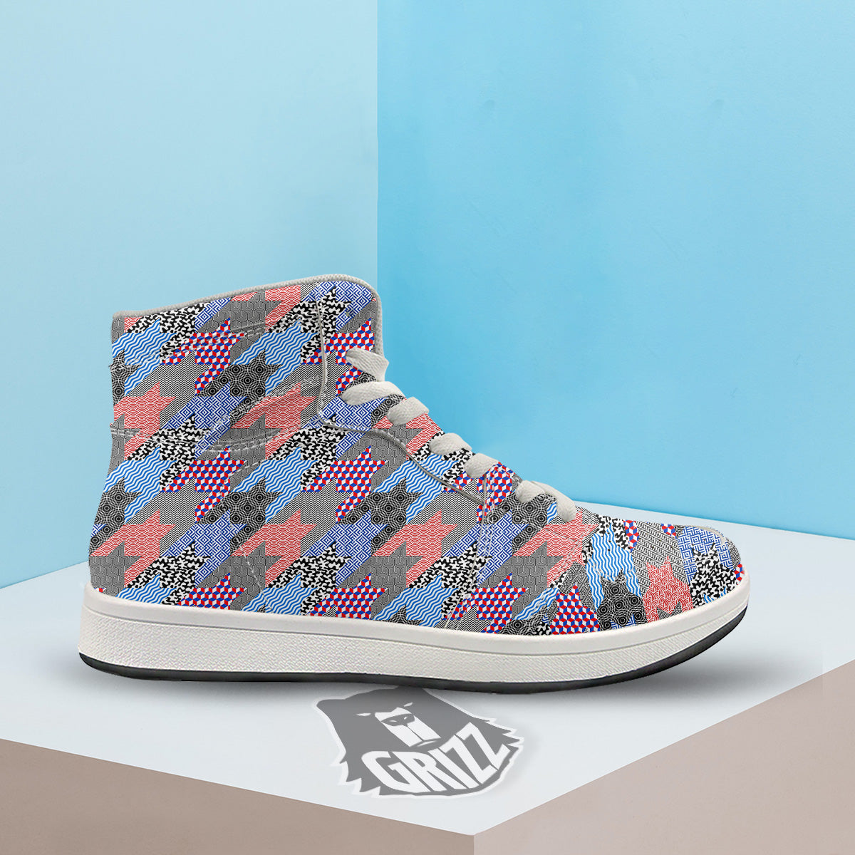 Patchwork Style And Classic Houndstooth Print Pattern High Top Sneakers-grizzshop
