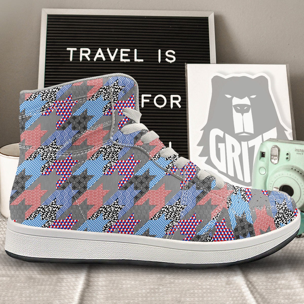 Patchwork Style And Classic Houndstooth Print Pattern High Top Sneakers-grizzshop