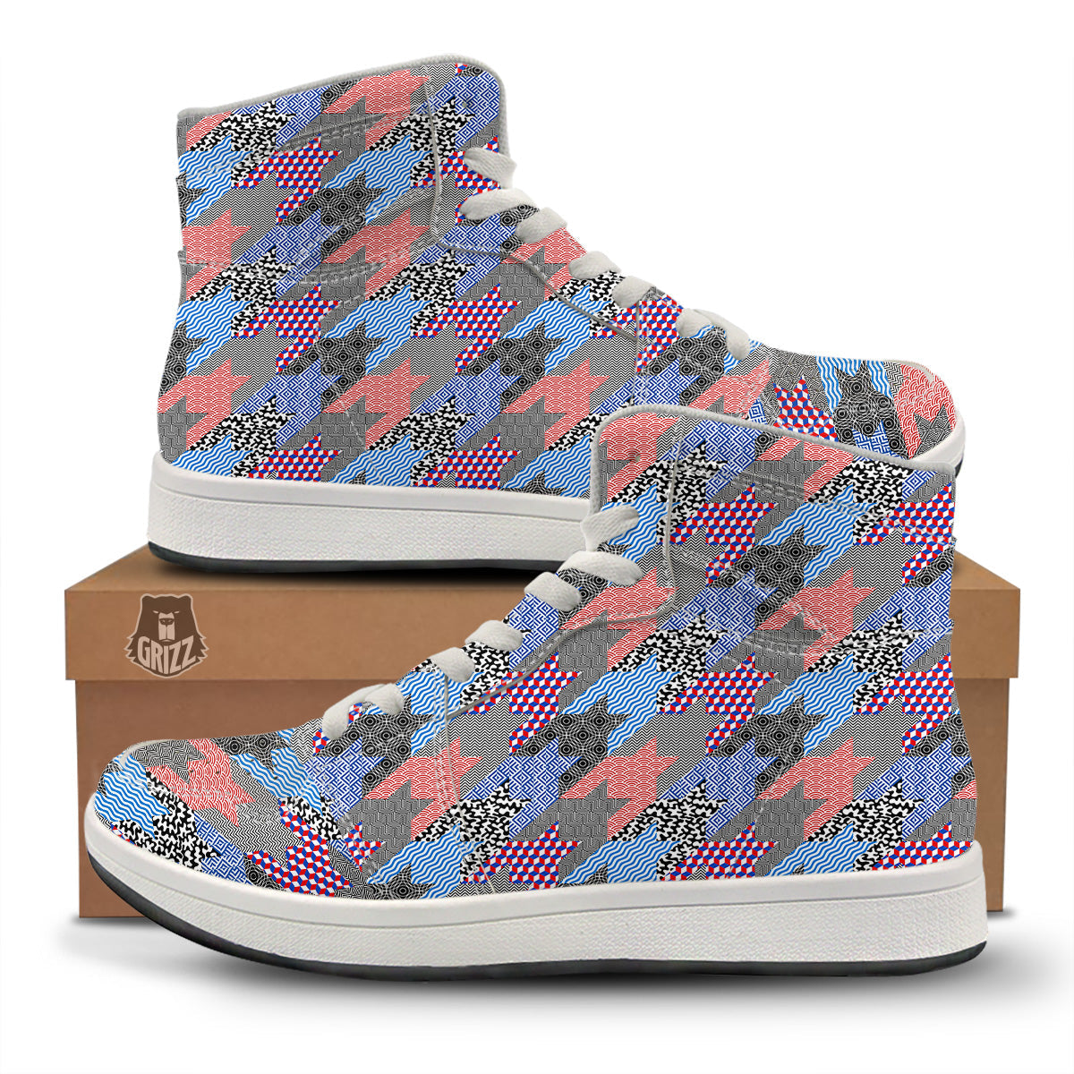 Patchwork Style And Classic Houndstooth Print Pattern High Top Sneakers-grizzshop