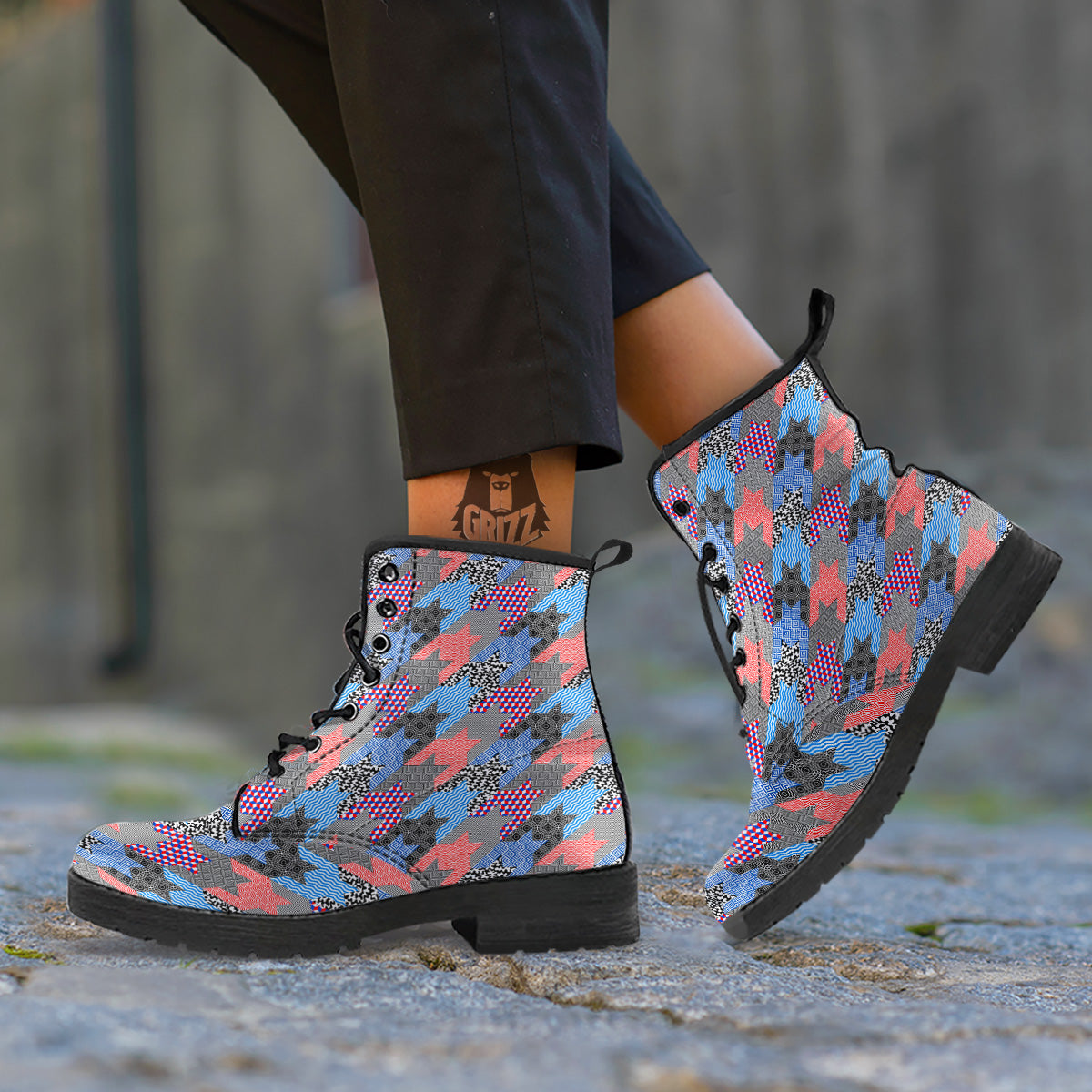 Patchwork Style And Classic Houndstooth Print Pattern Leather Boots-grizzshop