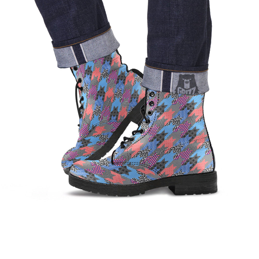 Patchwork Style And Classic Houndstooth Print Pattern Leather Boots-grizzshop