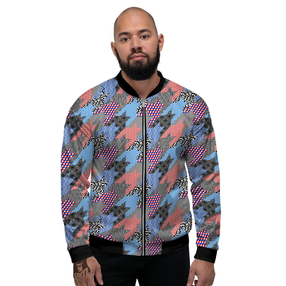 Patchwork Style And Classic Houndstooth Print Pattern Men's Bomber Jacket-grizzshop