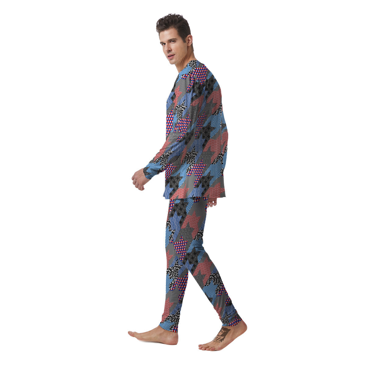 Patchwork Style And Classic Houndstooth Print Pattern Men's Pajamas-grizzshop