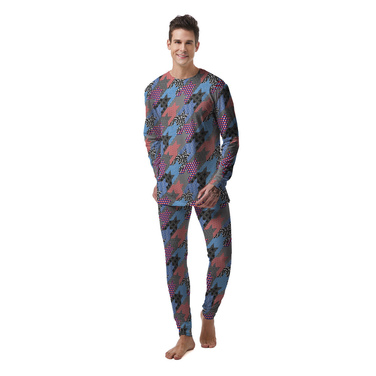 Patchwork Style And Classic Houndstooth Print Pattern Men's Pajamas-grizzshop