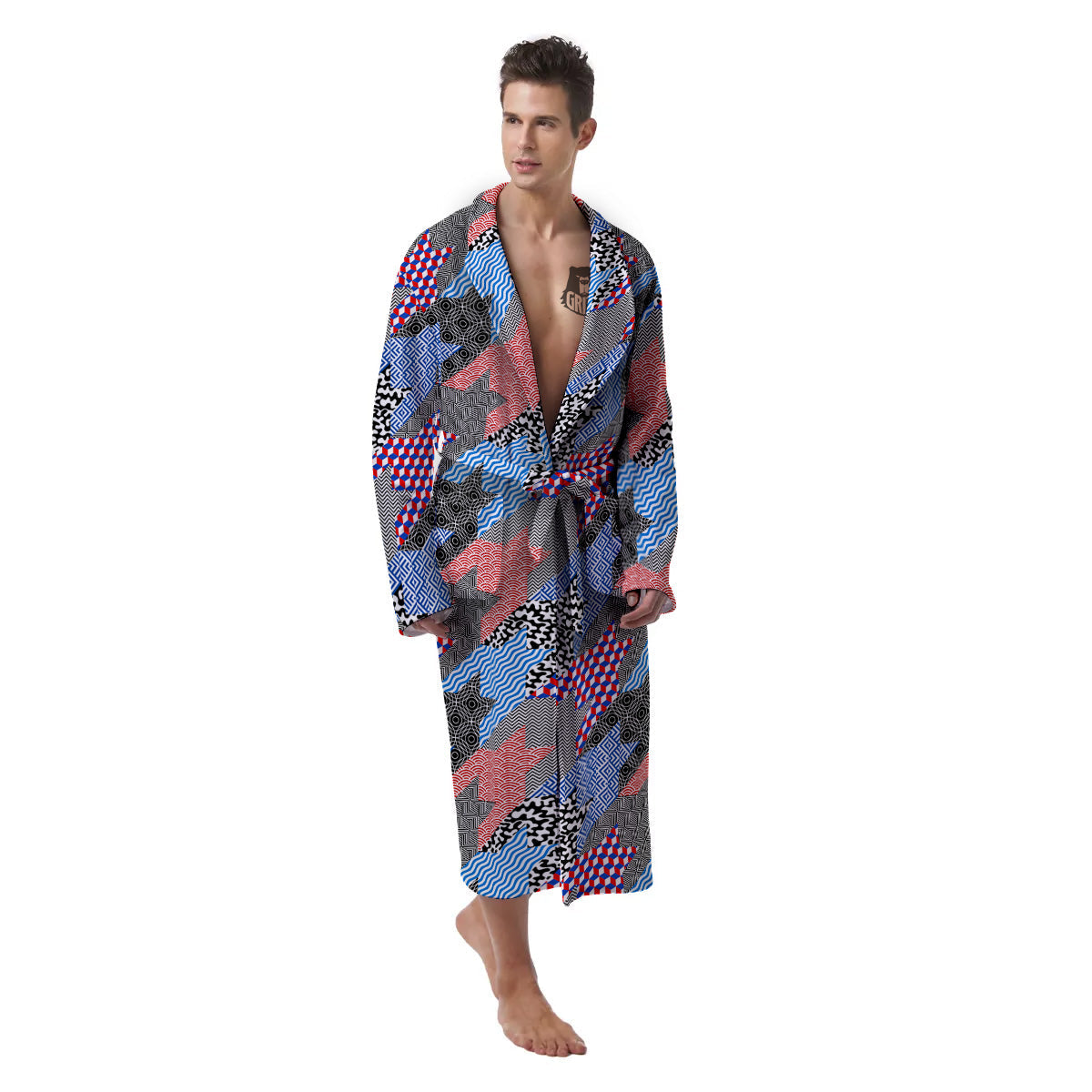 Patchwork Style And Classic Houndstooth Print Pattern Men's Robe-grizzshop