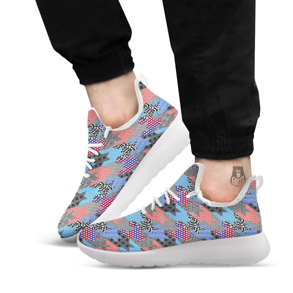 Patchwork Style And Classic Houndstooth Print Pattern White Athletic Shoes-grizzshop