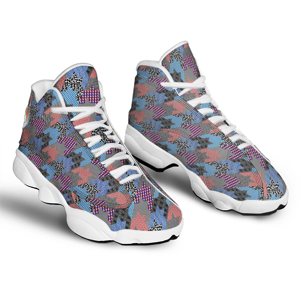 Patchwork Style And Classic Houndstooth Print Pattern White Basketball Shoes-grizzshop