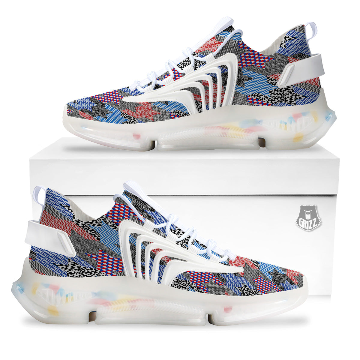 Patchwork Style And Classic Houndstooth Print Pattern White Gym Shoes-grizzshop