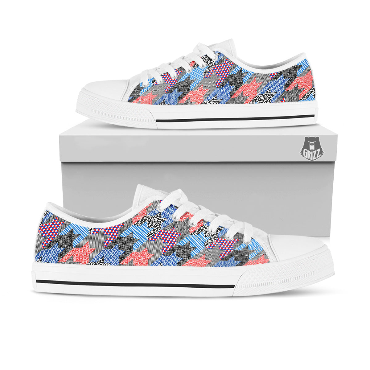 Patchwork Style And Classic Houndstooth Print Pattern White Low Top Shoes-grizzshop