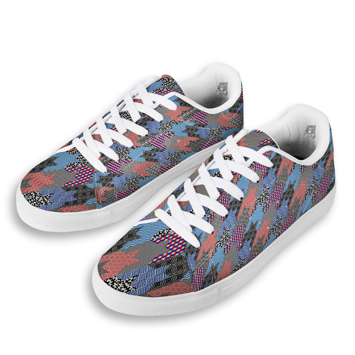 Patchwork Style And Classic Houndstooth Print Pattern White Low Top Sneakers-grizzshop