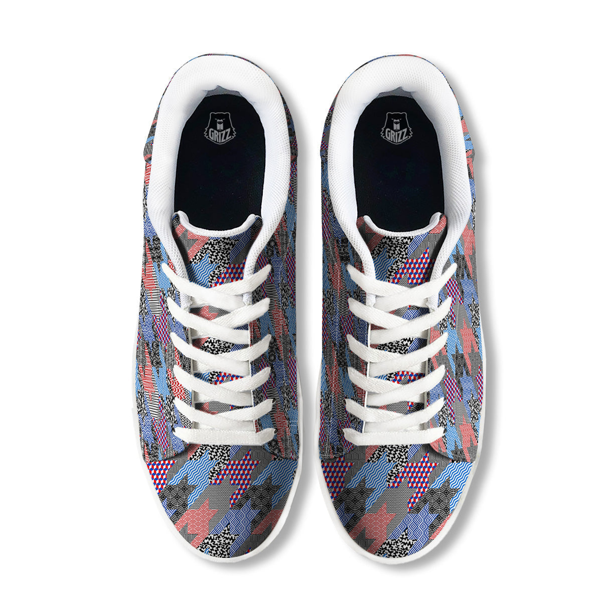 Patchwork Style And Classic Houndstooth Print Pattern White Low Top Sneakers-grizzshop