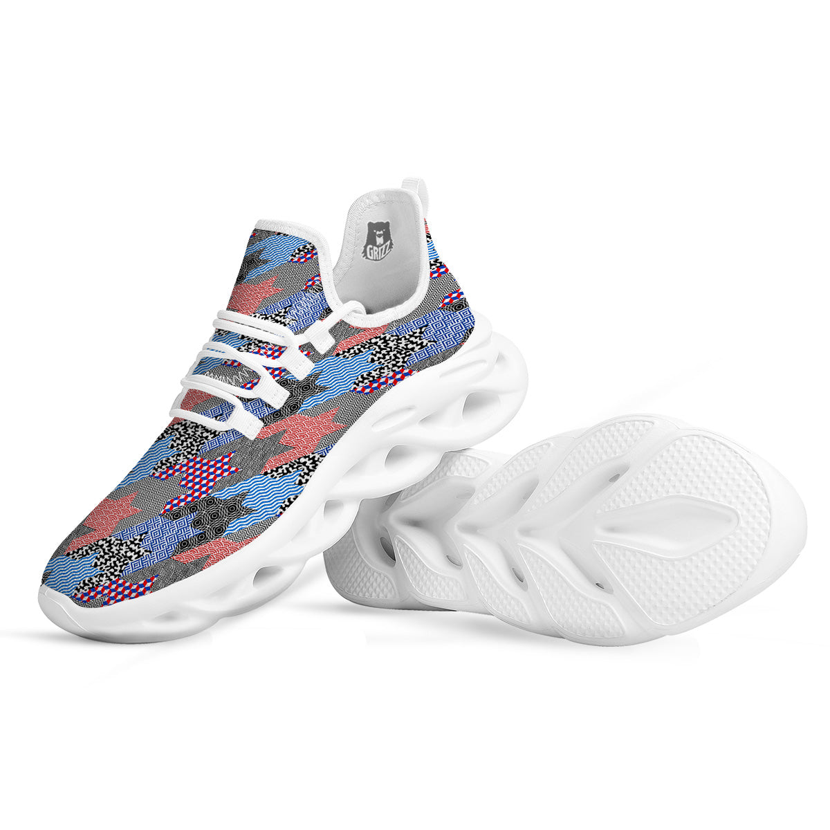 Patchwork Style And Classic Houndstooth Print Pattern White Running Shoes-grizzshop