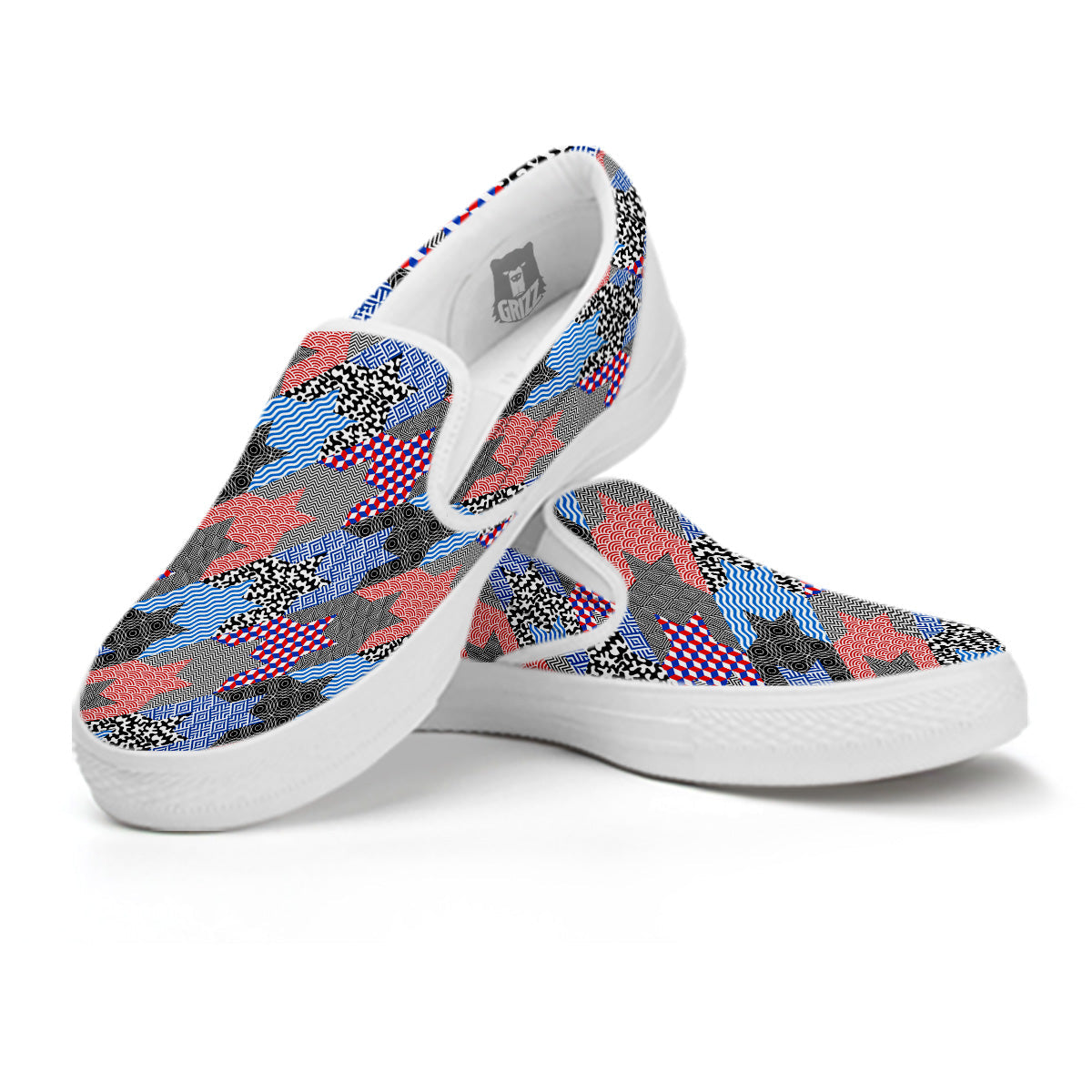 Patchwork Style And Classic Houndstooth Print Pattern White Slip On Shoes-grizzshop