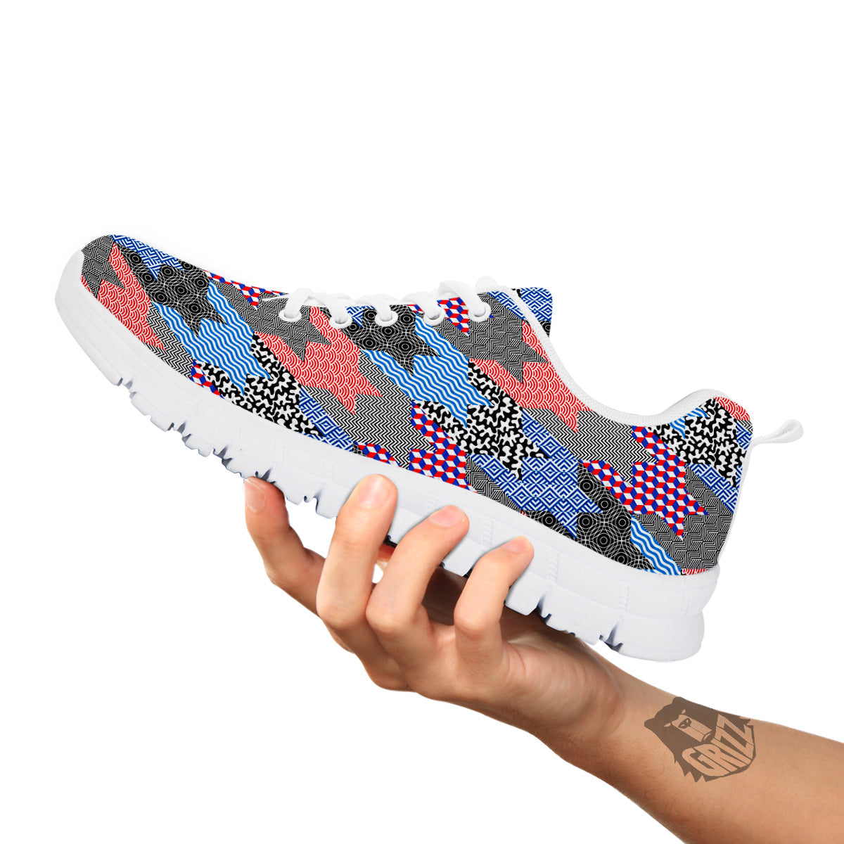 Patchwork Style And Classic Houndstooth Print Pattern White Sneaker-grizzshop