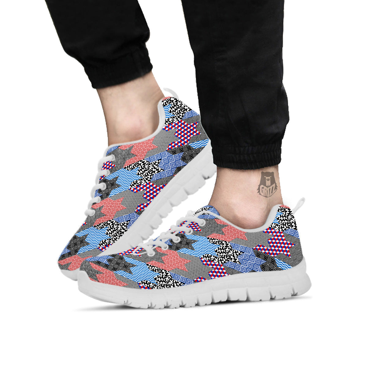 Patchwork Style And Classic Houndstooth Print Pattern White Sneaker-grizzshop