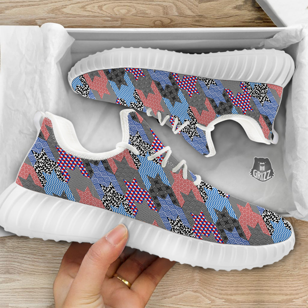 Patchwork Style And Classic Houndstooth Print Pattern White Walking Shoes-grizzshop